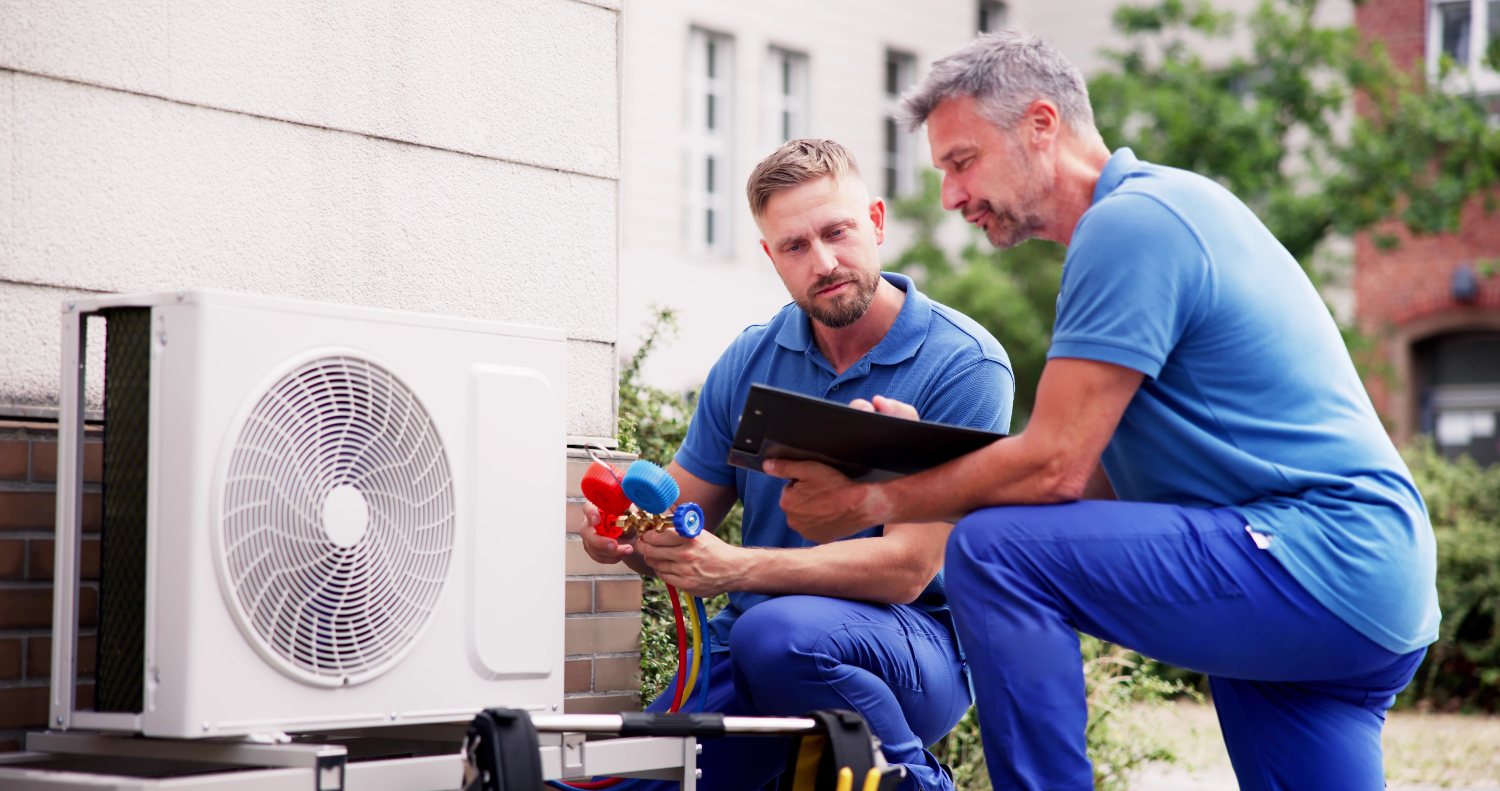 Technician servicing a home AC condenser